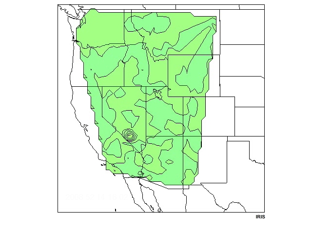 animation of surface waves rippling across southwest United States from Nevada earthquake