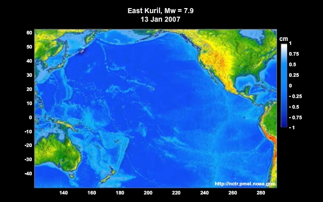 animation of tsunami originating near the Kuril Islands near Japan and propagating across the Pacific