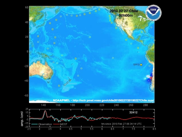 animation of tsunami generated from Chile 2010 earthquake as it moves across Pacific basin