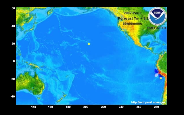 animation of tsunami originating near Peru and propagating across the Pacific