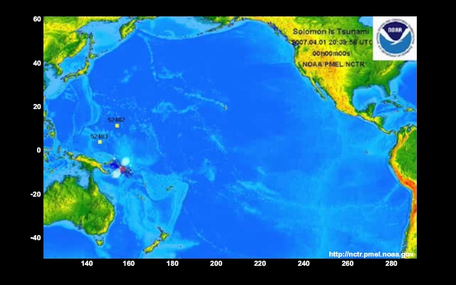 animation of tsunami originating near Solomon Islands propagating across the Pacific