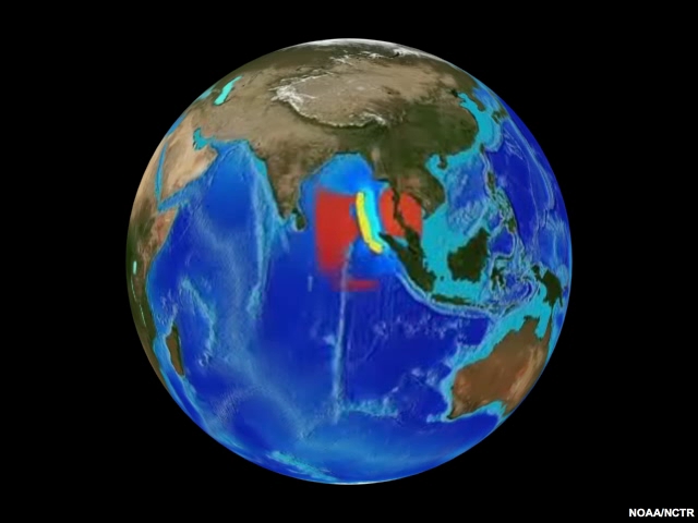 animation of Indian Ocean tsunami propagation on rotating globe