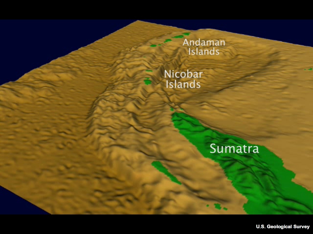 Simulation of the Indian Ocean tsunami showing the changes happening as a result of movement of the sea floor