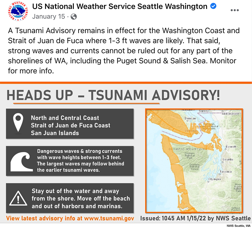A social media post issued by NWS WFO Seattle, Washington.