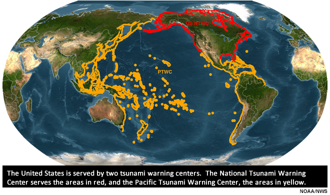 An image of the areas served by both the National Tsunami Warning Center (NTWC) and Pacific Tsunami Warning Center (PTWC).