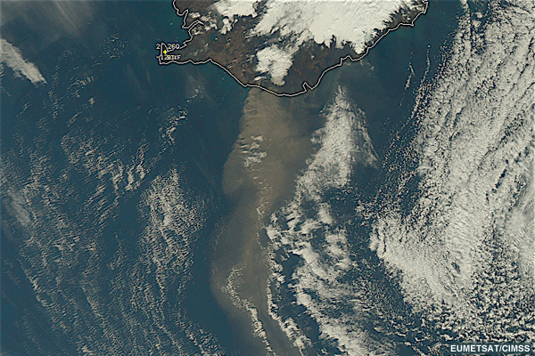 A McIDAS Red/Green/Blue (RGB) image composite using Aqua MODIS channels 01/04/03 reveals yet another large ash plume streaming southward over the North Atlantic Ocean from Eyjafjallajökull on April 19, 2011.