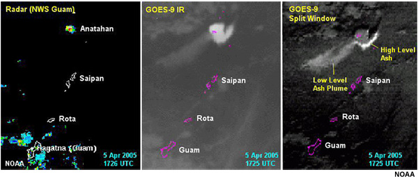 Comparison of GOES-9 10.7 micron thermal IR (left), and the split window image (right) at around 1725 UTC, 5 April 2005. The Anatahan Volcano in the Marianas Islands in the Western Pacific Ocean erupted on 5 April 2005, producing a dense ash cloud that rose to 15.5 km or 51,000 ft.