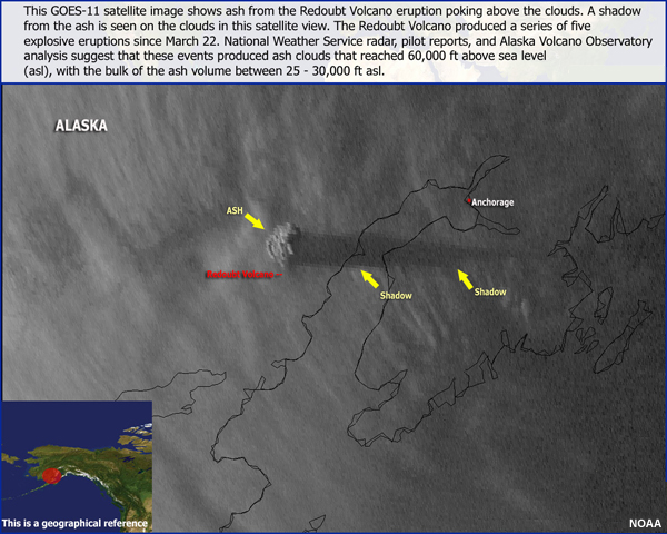 A GOES-11 satellite image shows the ash plume and its shadow from a series of explosive eruptions on Mt. Redoubt on March 22, 2009.