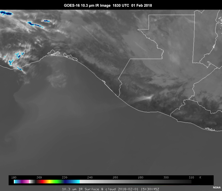 GOES-16 IR band 10.3 image of Volcan de Fuego eruption at 1530 UTC 01 Feb 2018
