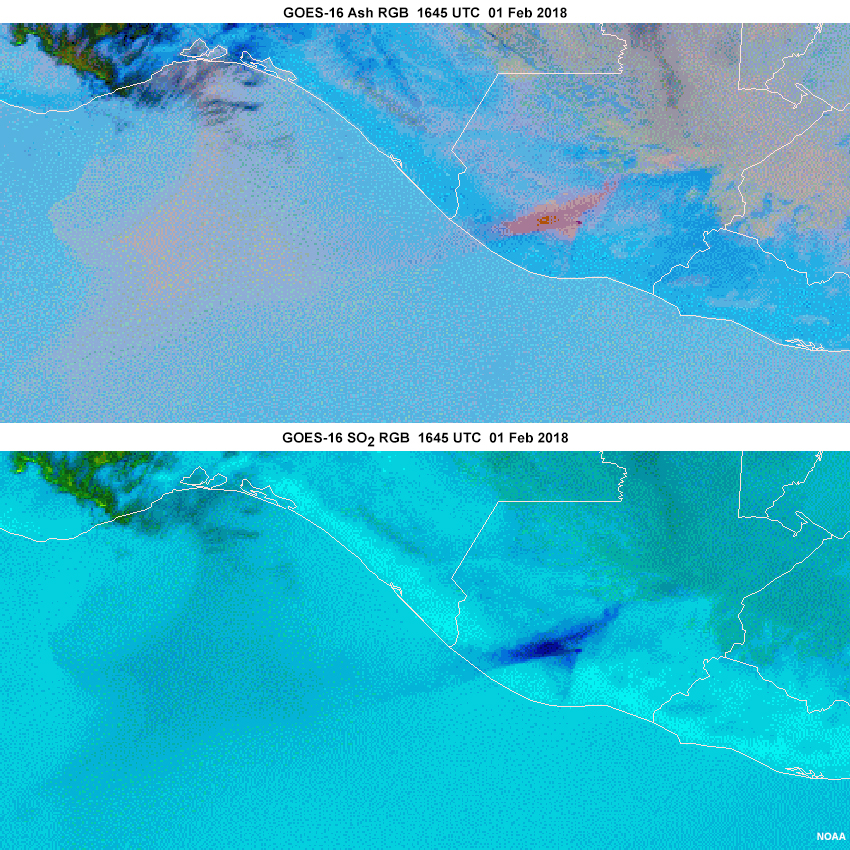 GOES-16 Ash RGB and SO2 RGB imagery of the de Fuego eruption from 1645 UTC 01 Feb 2018