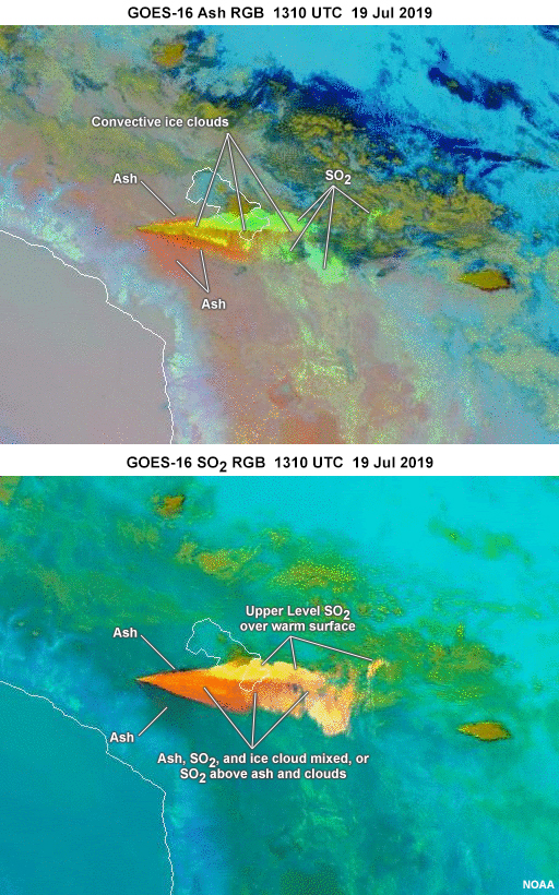 GOES-16 Ash RGB and SO2 RGB imagery of the Ubinas eruption from 1301 UTC 19 July 2019