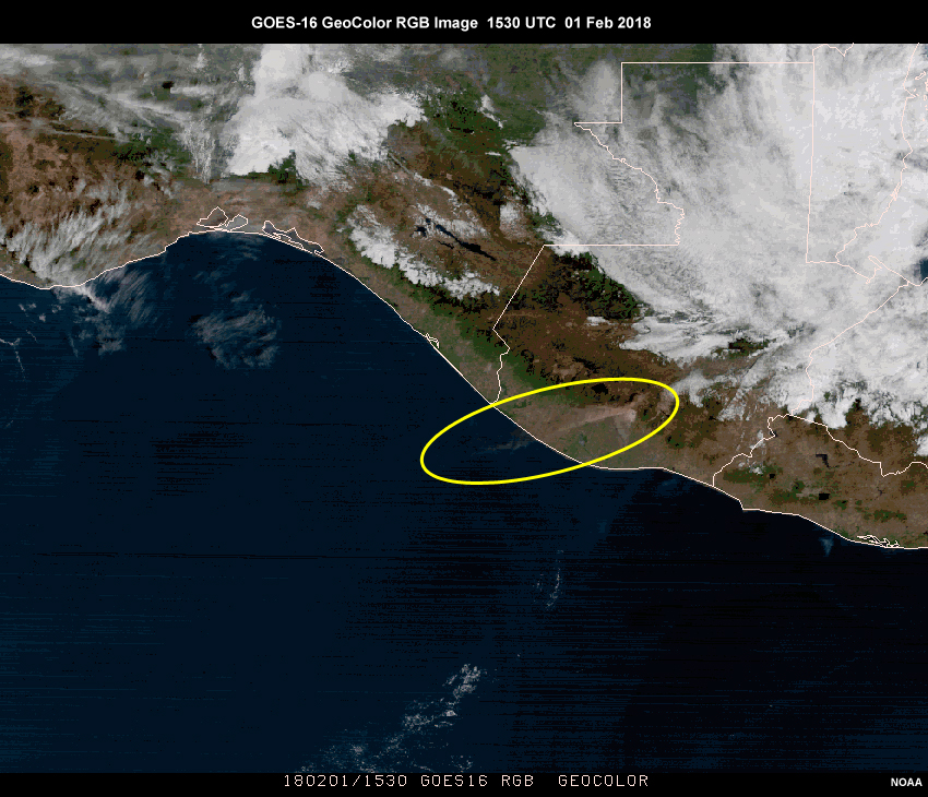 Geocolor image of Volcan de Fuego eruption with plume circled