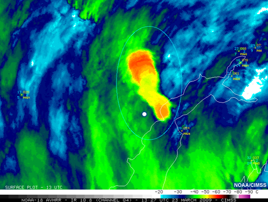 NOAA-17 10.8 Âµm IR image shows a Mt. Redoubt eruption with a more dense plume feature that is spreading out in a NW-SE direction at 13:27 UTC on 23 March, 2009.