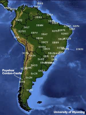 Graphic showing locations of Puyehue Cordon-Caulle and surrounding upper air stations.