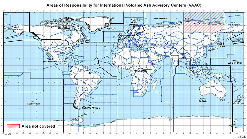 map showing areas of responsibility of the Volcanic Ash Advisory Centers