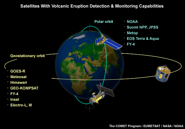 Environmental satellites with volcanic ash, hot spot, and SO2 detection and monitoring capabilities 
