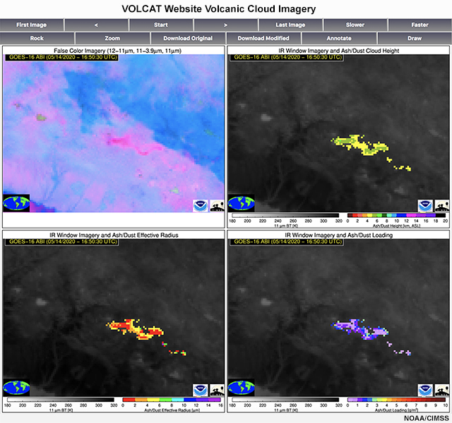 GOES-16 four-panel display from NOAA/CIMSS VOLCAT volcanic cloud monitoring website showing ash detection products for Sabancaya eruption in southern Peru on 14 May 2020. 
