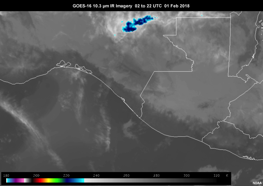 GOES-16 10.3 µm IR loop of Volcan de Fuego eruption from 02 to 22 UTC on 01 Feb 2018