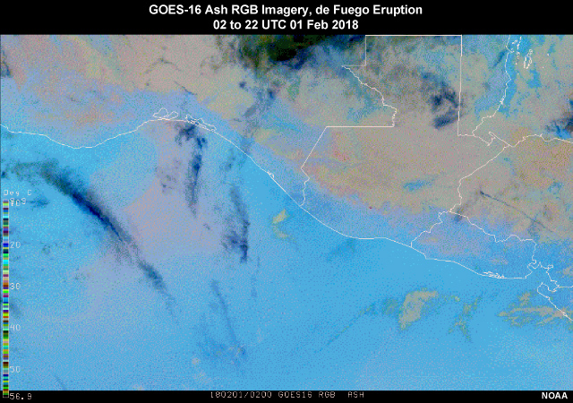 GOES-16 Ash RGB loop of the Volcan de Fuego eruption from 02 to 22 UTC 01 Feb 2018