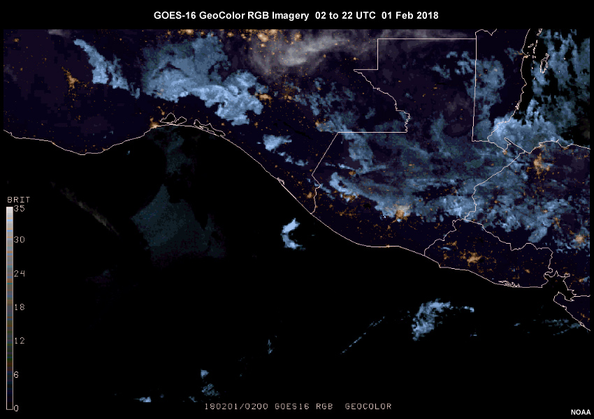 Geocolor loop of Volcan de Fuego eruption from 02 to 22 UTC on 01 Feb 2018