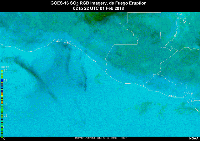 GOES-16 SO2 RGB loop from the Volcan de Fuego eruption 02 to 22 UTC 01 Feb 2018