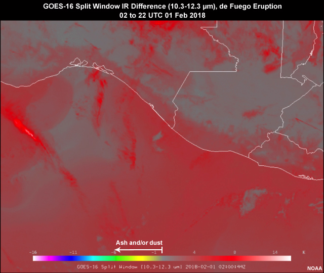 GOES-16 Split Window IR Difference (10.3-12.3 µm) loop of the de Fuego Eruption 02 to 22 UTC 01 Feb 2018