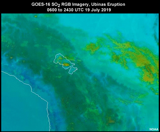 GOES-16 SO2 RGB loop from 0600 to 2340 UTC 19 July 2019