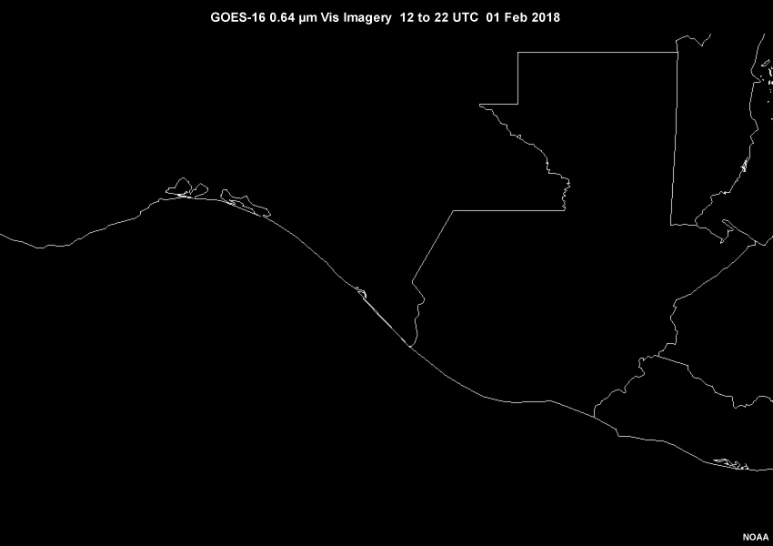Visible imagery loop of Volcan de Fuego eruption from 12 to 22 UTC on 01 Feb 2018