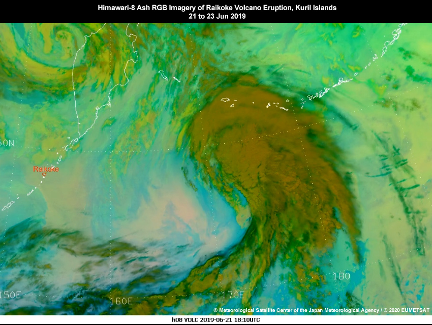 Himawari-8 Ash RGB imagery showing Raikoke volcano eruption, Kuril Islands  21 to 23 Jun 2019 