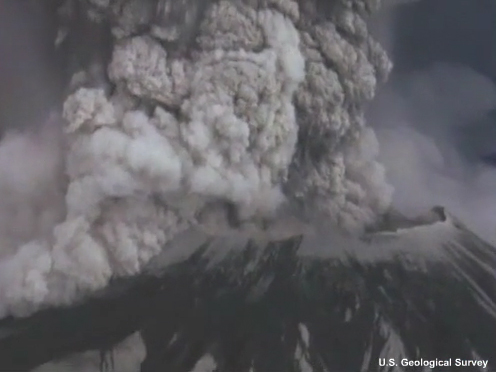 A video of the 1980 explosive volcanic eruption of Mt. St. Helen's.  The footage is taken from an airplane circling the plume.  At one point, lightning can be seen.