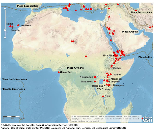 Mapa de los principales volcanes del contintente africano.