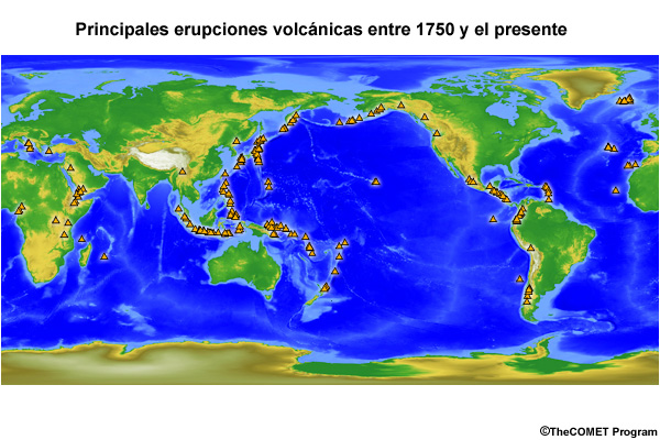 Mapa del mundo que muestra las principales erupciones volcánicas ocurridas desde 1750.