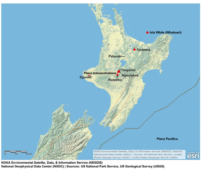 Mapa de los principales volcanes de Nueva Zelanda.