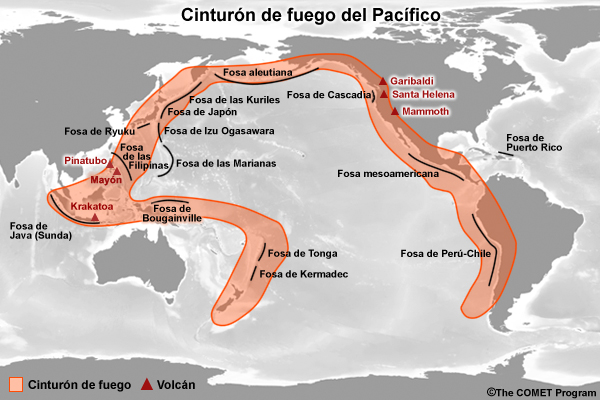Regiones volcánicas y fosas oceánicas que encierran casi por completo la cuenca del Pacífico. En esta zona, que se conoce como cinturón de fuego, los terremotos y las erupciones volcánicas soon frecuentes. Las fosas se indican mediante líneas negras; los arcos insulares, que no están rotulados, suelen situarse en sentido paralelo y del lado de tierra respecto de las fosas.