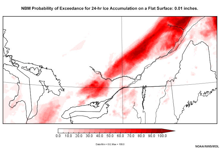 NBM Probability of Exceedance for 24-hr Ice Accumulation on a Flat Surface: 0.01, 0.25, 0.50, and 1.00 inches.