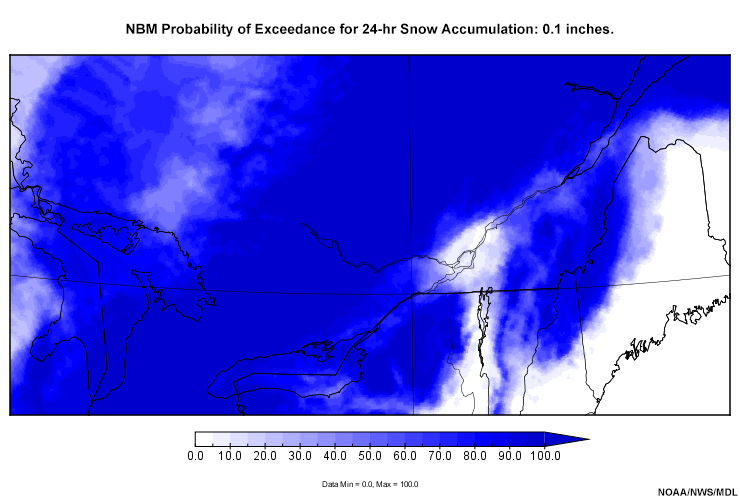NBM Probability of Exceedance for 24-hr Snow Accumulation: 0.1, 1.0, 2.0, 4.0, 6.0, 8.0, 12.0, 18.0, 30.0 inches.