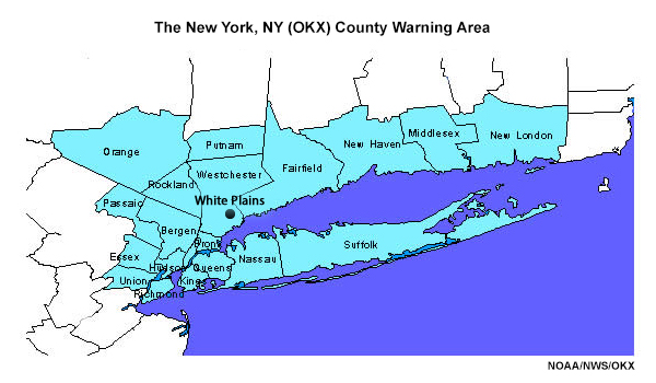 A map of the area of responsibility of the warning coordination meteorologist (WCM) in the New York, NY (OKX) WFO.