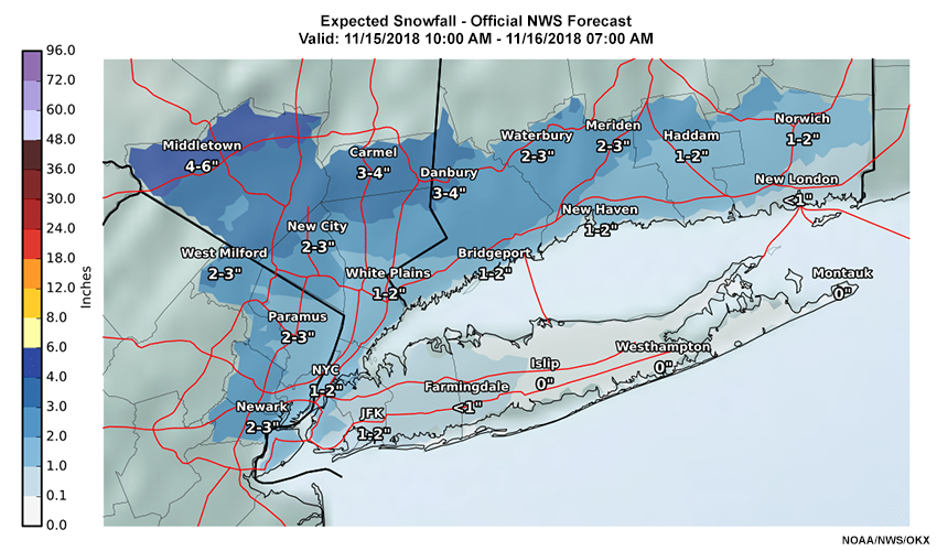 A map summarizing the CWA forecast of accumulations from 18 UTC 15 November through 12 UTC 16 November for the Upton, NY CWA, from the Upton, NY WFO. 
