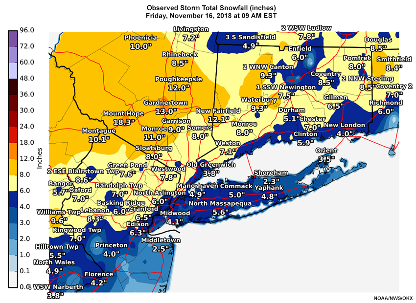 The accumulated snowfall as of 09 UTC 16 November 2018 for the Upton, NY WFO. 