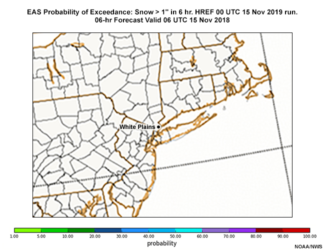 Loop of the EAS Probability of Exceedance: Snow > 1" in 6 hr. HREF 00 UTC 15 Nov 2019 run