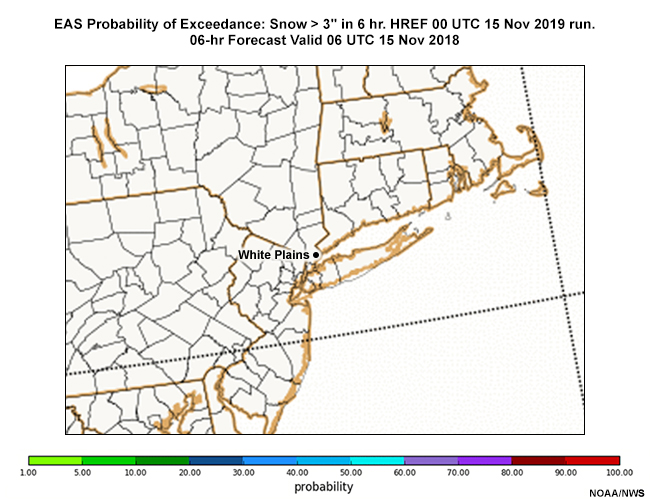 Loop of the EAS Probability of Exceedance: Snow > 3" in 6 hr. HREF 00 UTC 15 Nov 2019 run