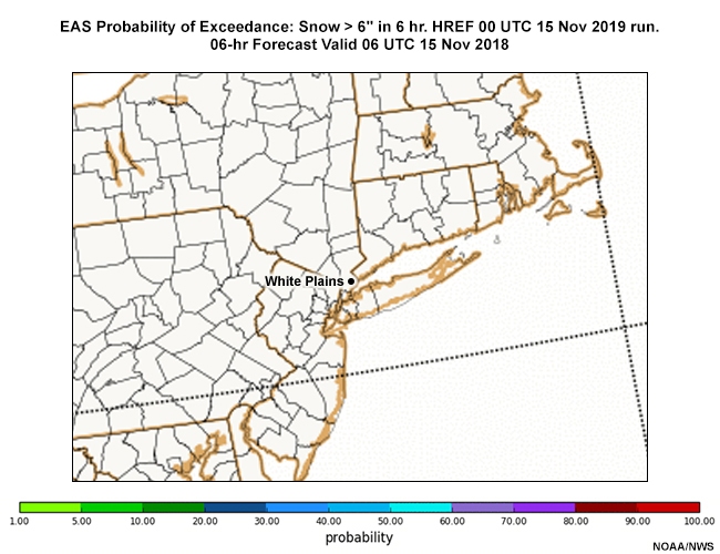 Loop of the EAS Probability of Exceedance: Snow > 6" in 6 hr. HREF 00 UTC 15 Nov 2019 run