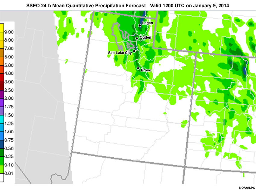 Storm Scale Ensemble of Opportunity (SSEO) 24h mean quantitative precipitation forecast valid at 1200 UTC on January 9, 2014.