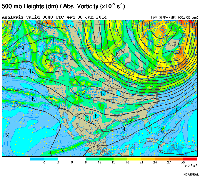500 mb analysis valid at 00 UTC on January 8, 2014.