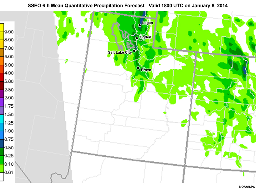 Storm Scale Ensemble of Opportunity (SSEO) 6h mean quantitative precipitation forecast valid at 1800 UTC on January 8, 2014.