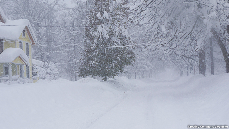 Low visibility due to lake effect snow in East Aurora, NY.