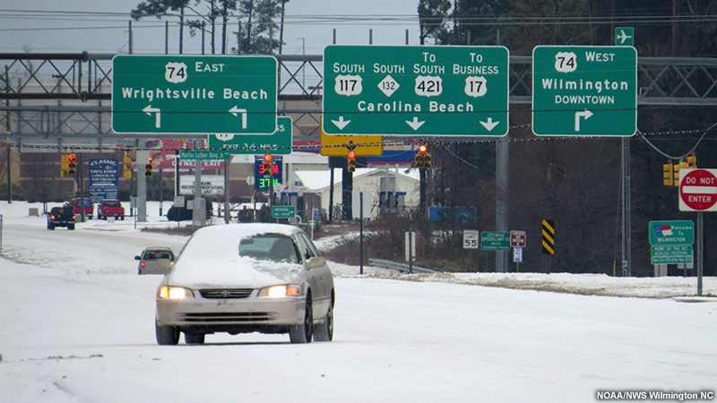 Slick roads in Wilmington, NC due to a winter storm event.