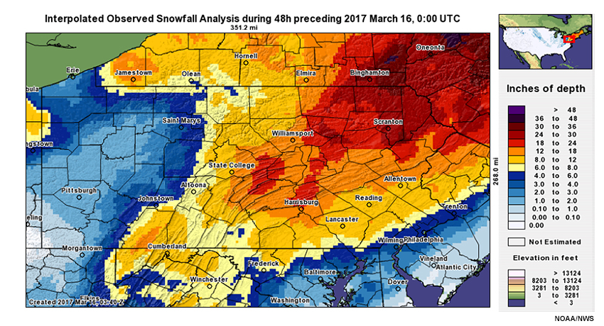 48-h observed snowfall across Pennsylvania valid at 00 UTC on March 16, 2017.