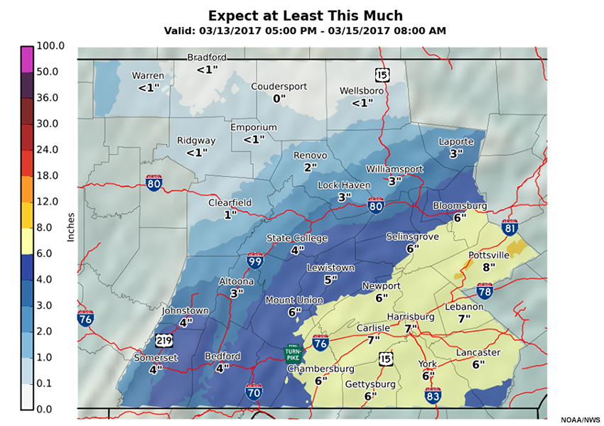 Expect at least this much accumulated snowfall for State College CWA.