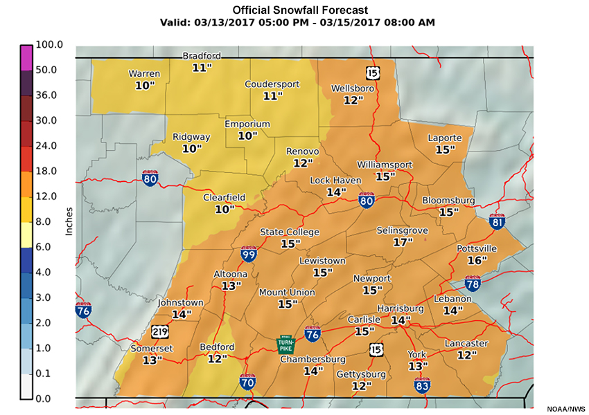 Most likely snowfall accumulation for State College CWA.